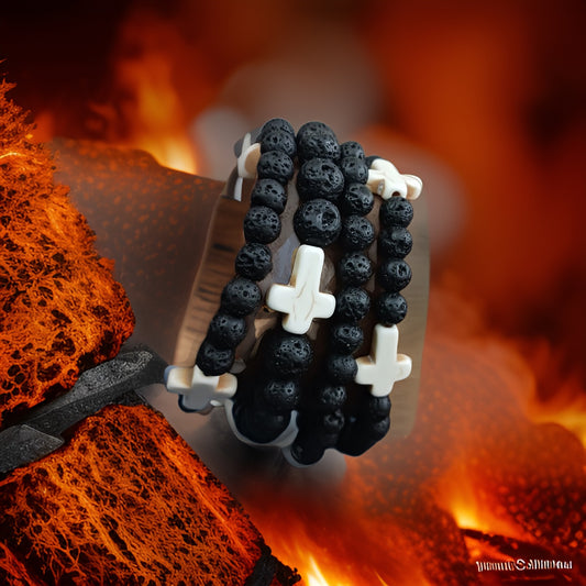 Black leva stone cross healing bracelet set.
